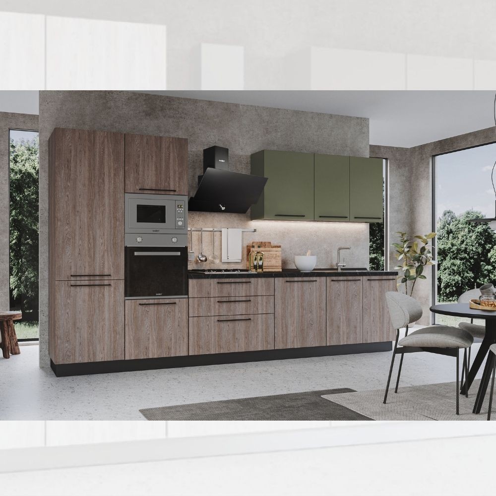 Cucina 360 cm con elettrodomestici Iris Lusso colore noce stelvio verde pesto
