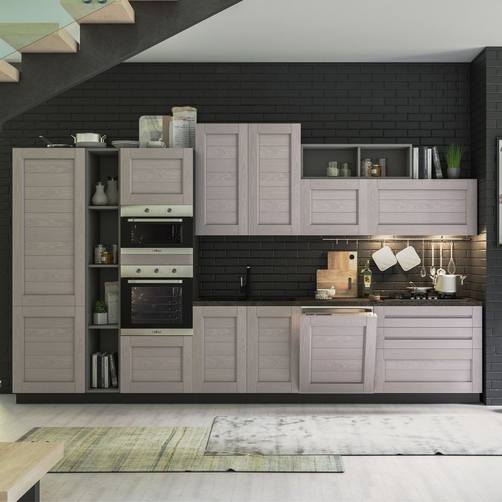 Cucina 390 cm canapa fango struttura antracite top ceramica Spalato Elettra sinistra