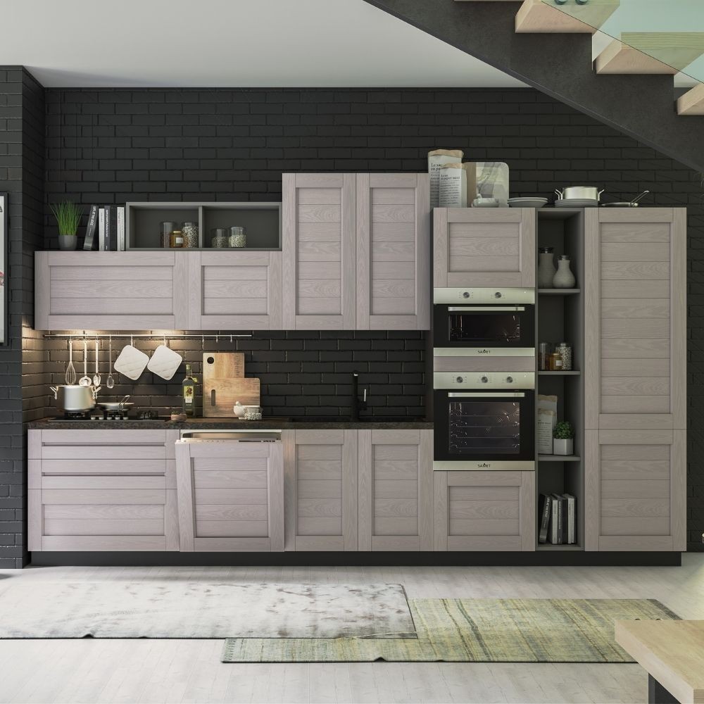 Cucina 390 cm canapa fango struttura antracite top ceramica Spalato Elettra destra