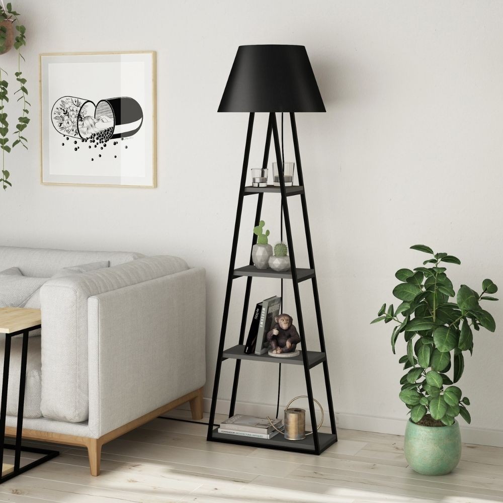 Lampada da terra in metallo nero con mensole antracite Pal 50x165