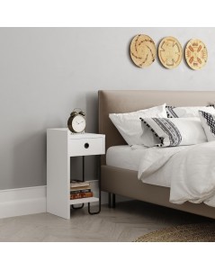 Comodino Sirius Bianco con Cassetto e Gamba in Metallo Nero Sinistro