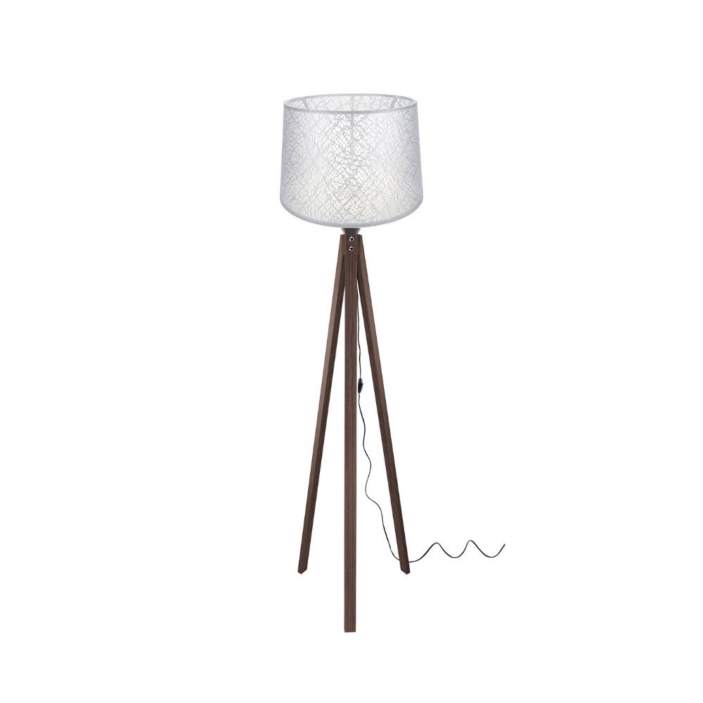 Lampada da terra treppiede noce con paralume bianco ricamo DECONOCE1181