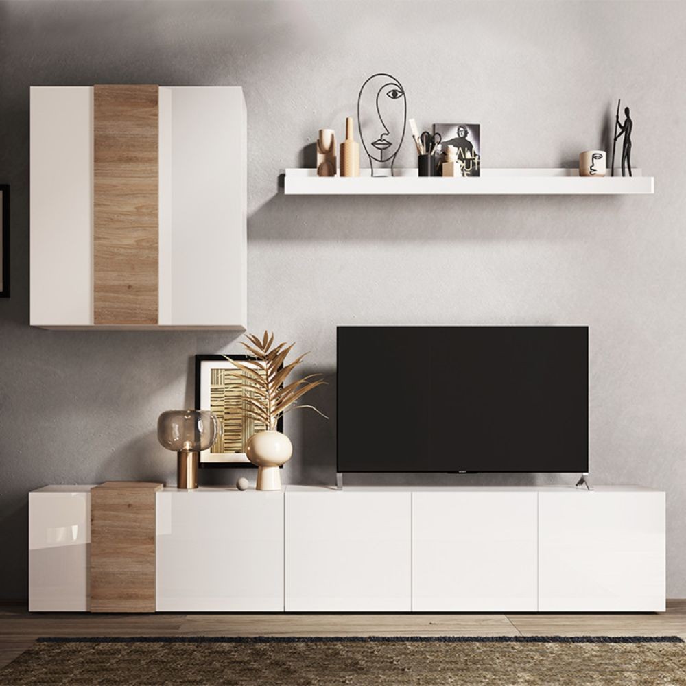 Parete attrezzata 301x44x195h Sabry colore bianco lucido rovere Kadiz