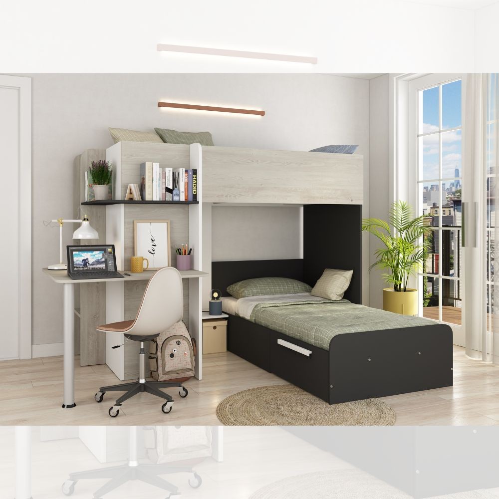 Letto a castello con scrivania 6885 colore bianco vintage antracite