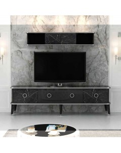 Mobile porta Tv con pensile effetto marmo nero particolari argento Bientv 180