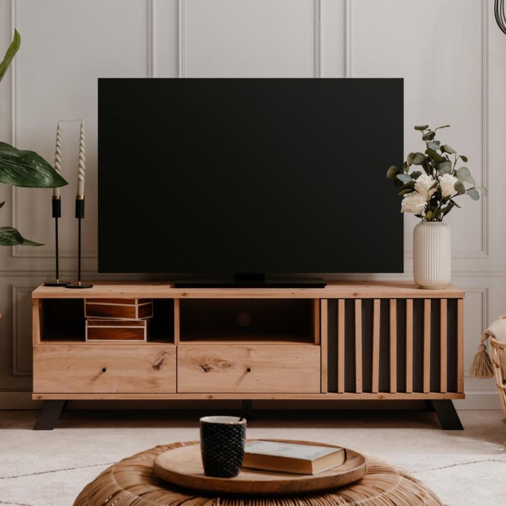 Mobile porta Tv  2 cassetti e anta con vani a giorno Medan56A colore rovere antracite
