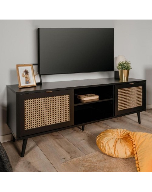 Mobile porta Tv 2 ante e vano a giorno con frontali effetto vimini Vienna56A colore nero