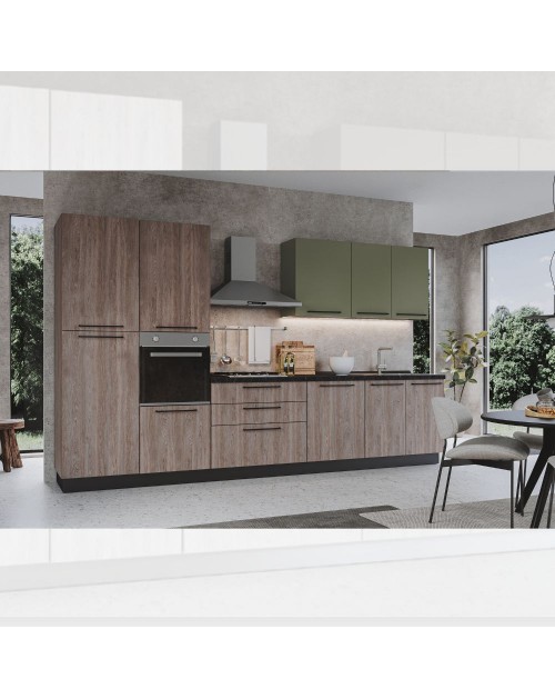 Cucina 360 cm con elettrodomestici Iris colore noce stelvio verde pesto