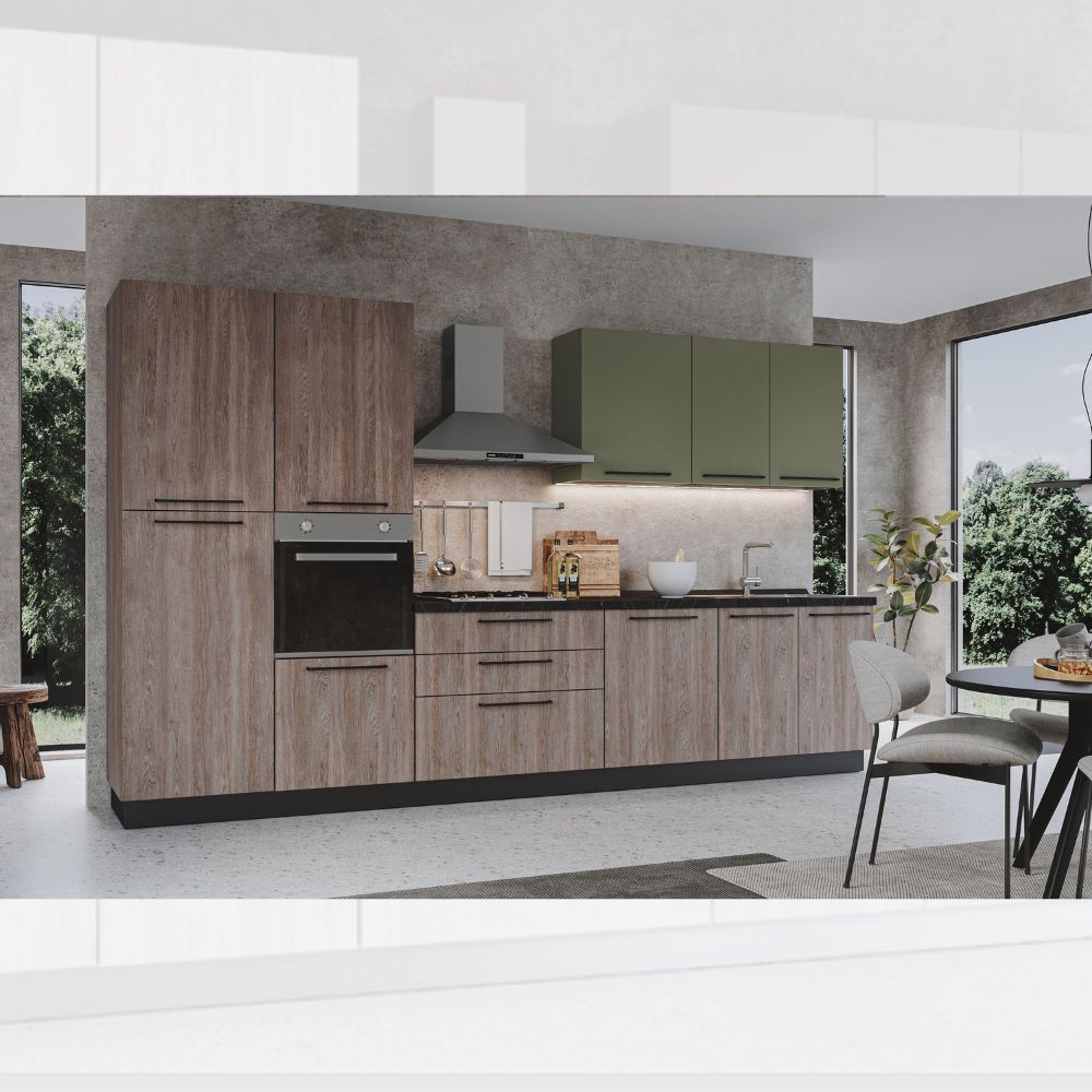 Cucina 360 cm con elettrodomestici Iris colore noce stelvio verde pesto