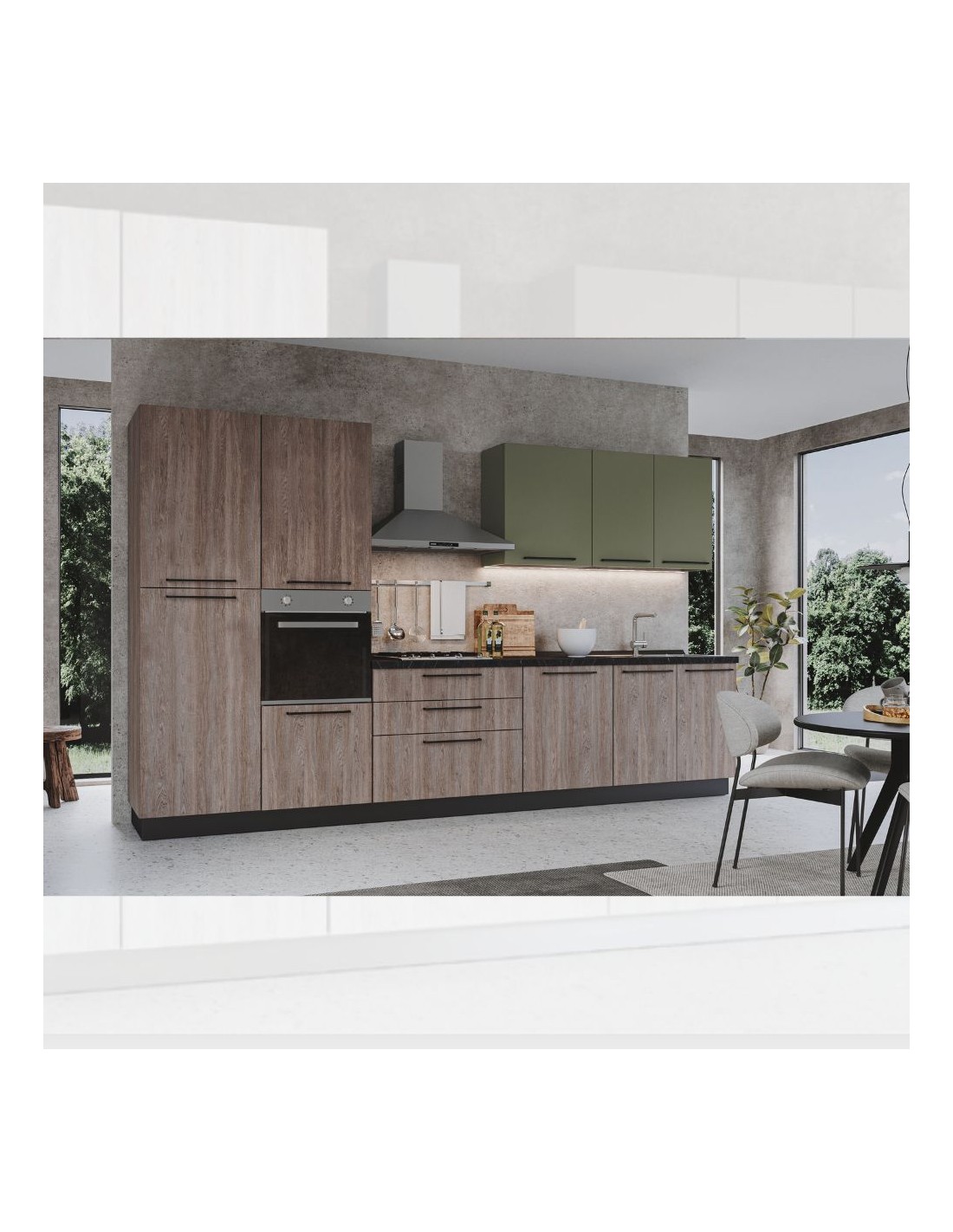 Cucina 360 cm noce stelvio verde pesto con elettrodomestici Iris