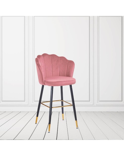 Sgabello velluto rosa Estro con struttura nera e terminali dorati