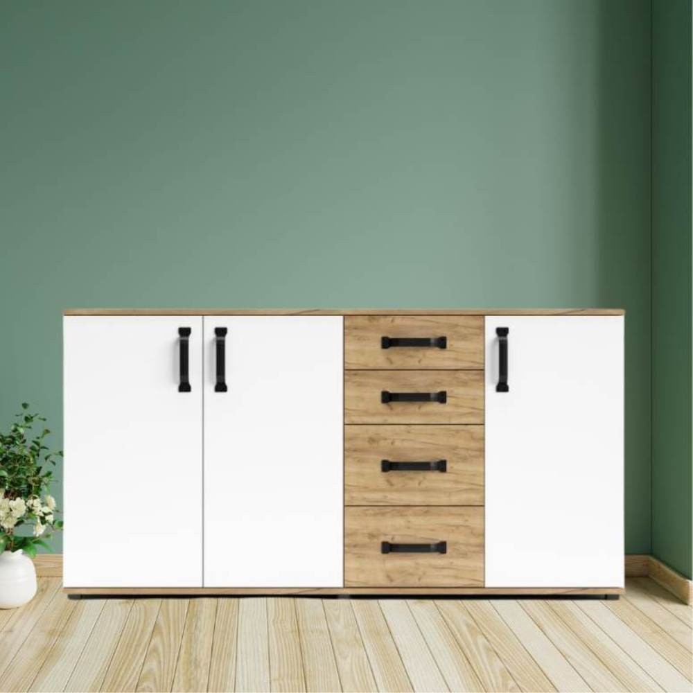 Credenza rovere bianco 3 ante e 4 cassetti 160x32x83 Mosso MO5