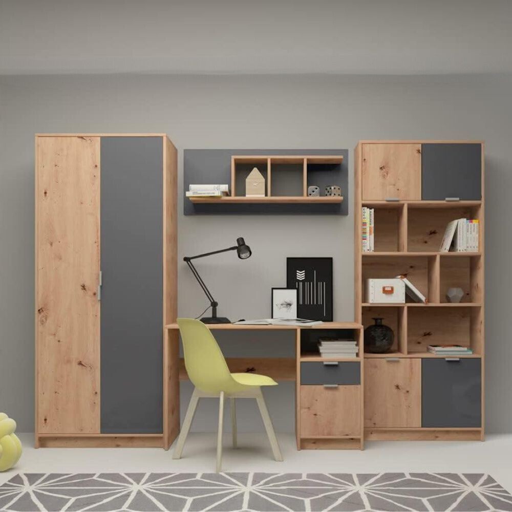Parete attrezzata per cameretta con scrivania rovere e antracite Gap System