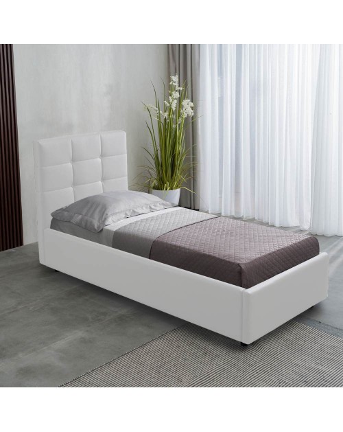 Letto singolo con contenitore Napoli ecopelle colore bianco