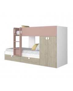 Letto a castello rovere e rosa antico con armadio 2 ante e cassetti