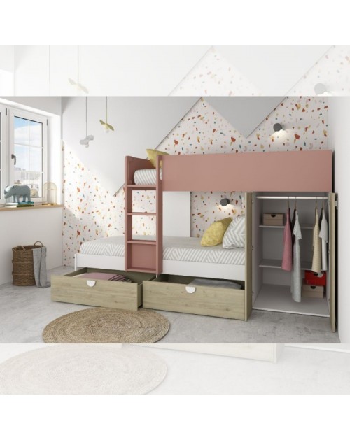 Letto a castello rovere e rosa antico con armadio 2 ante e cassetti