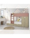 Letto a castello rovere e rosa antico con armadio 2 ante e cassetti