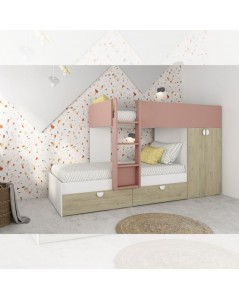 Letto a castello rovere e rosa antico con armadio 2 ante e cassetti