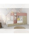 Letto a castello rovere e rosa antico con armadio 2 ante e cassetti