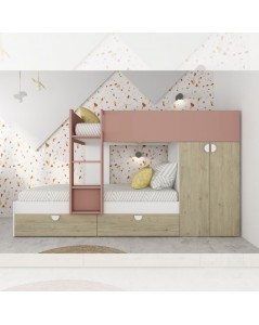 Letto a castello rovere e rosa antico con armadio 2 ante e cassetti