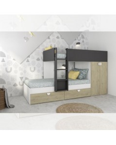 Letto a castello rovere e antracite con armadio 2 ante e cassetti
