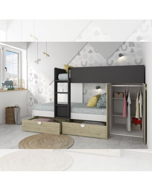 Letto a castello rovere e antracite con armadio 2 ante e cassetti