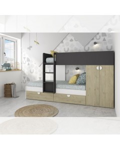 Letto a castello rovere e antracite con armadio 2 ante e cassetti