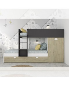 Letto a castello rovere e antracite con armadio 2 ante e cassetti