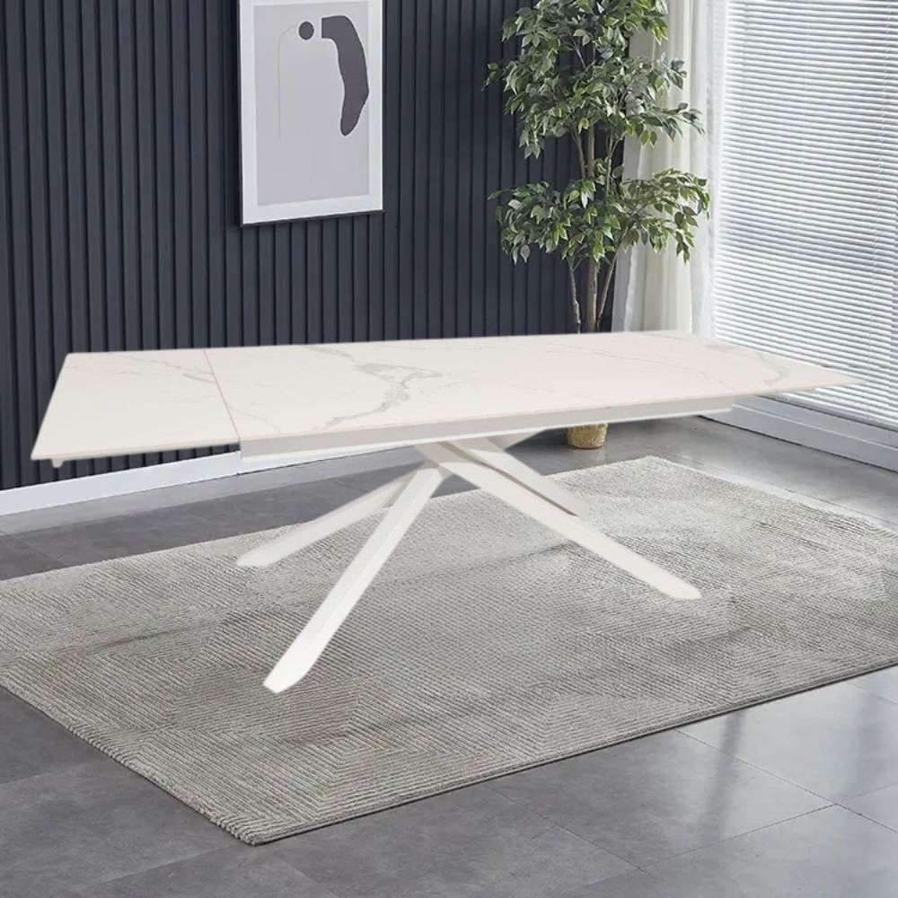 Tavolo allungabile top ceramica bianco statuario lucido e gambe in metallo bianco Nefti 160x90x76h