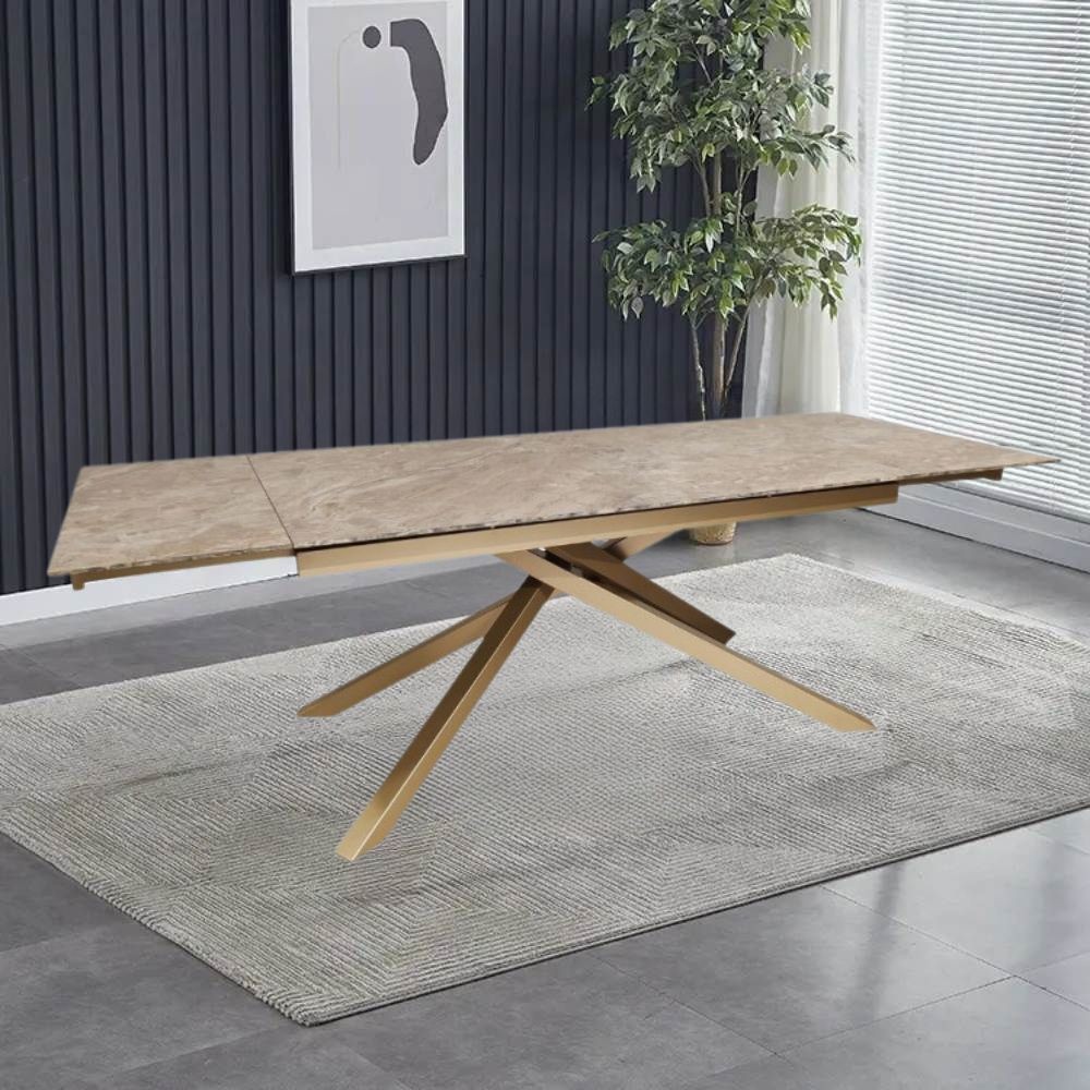 Tavolo allungabile top ceramica marrone atene lucido e gambe in metallo dorate Nefti 160x90x76h