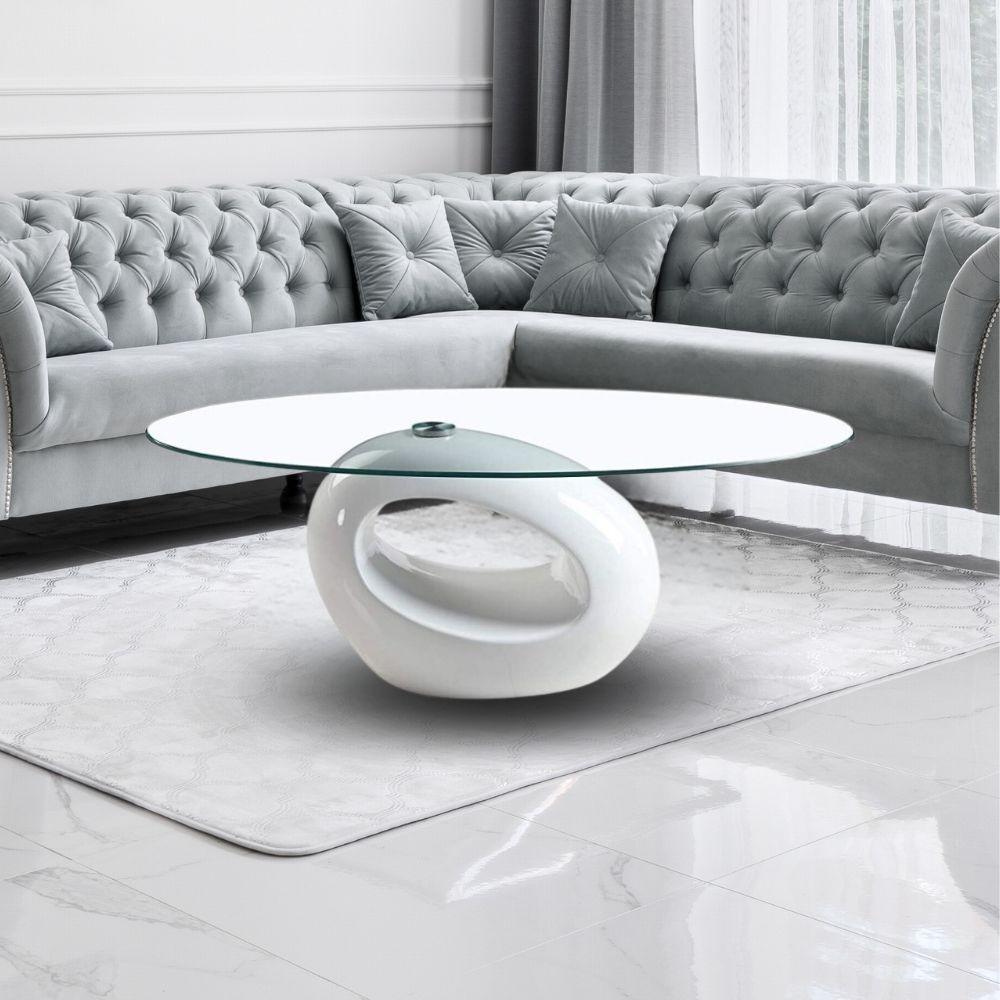 Tavolino da salotto con piano in vetro ovale e struttura bianco lucido  115x65x40 Miranda