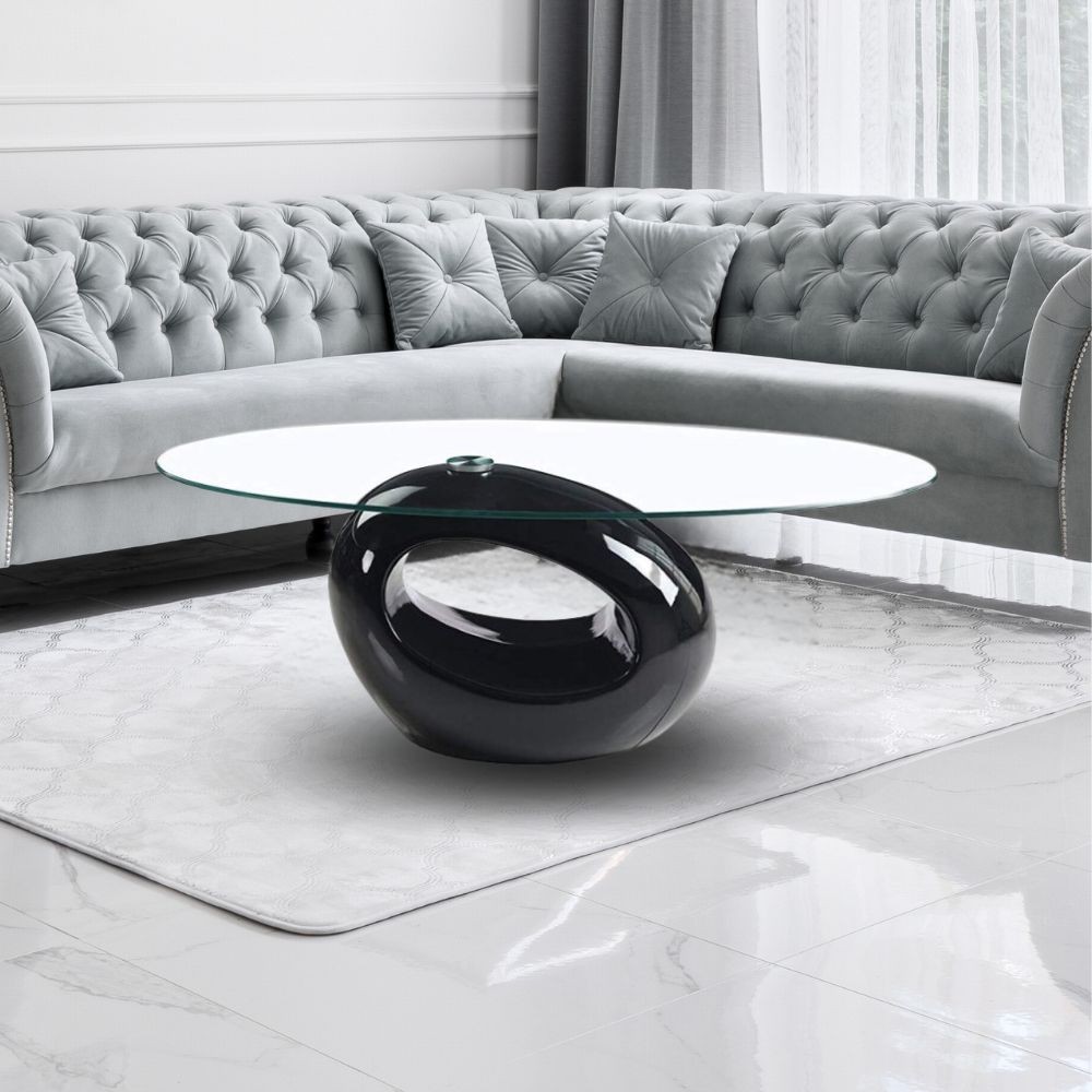 Tavolino da salotto con piano in vetro ovale e struttura nero lucido  115x65x40 Miranda