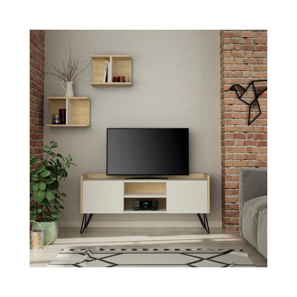 Mobile porta Tv 2 ante Klappe 125,5x33x56,5 bianco e struttura rovere