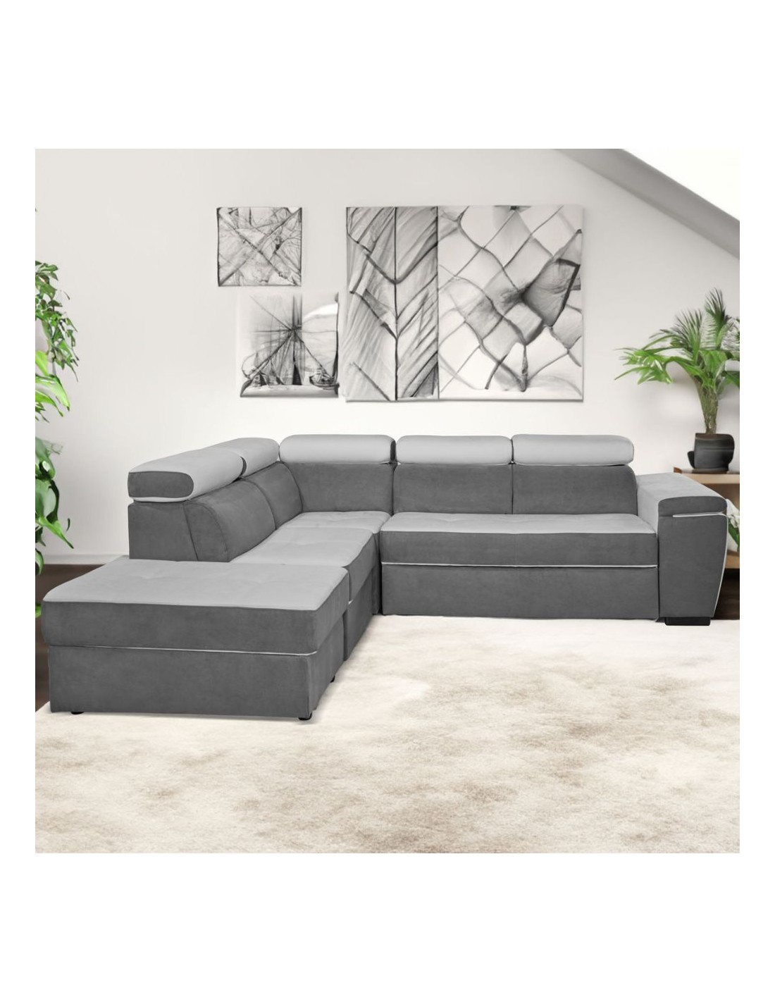 Divano letto estraibile tessuto bicolore grigio e grigio chiaro con penisola reversibile Kutri Luna24 e Luna16 280x230x85h