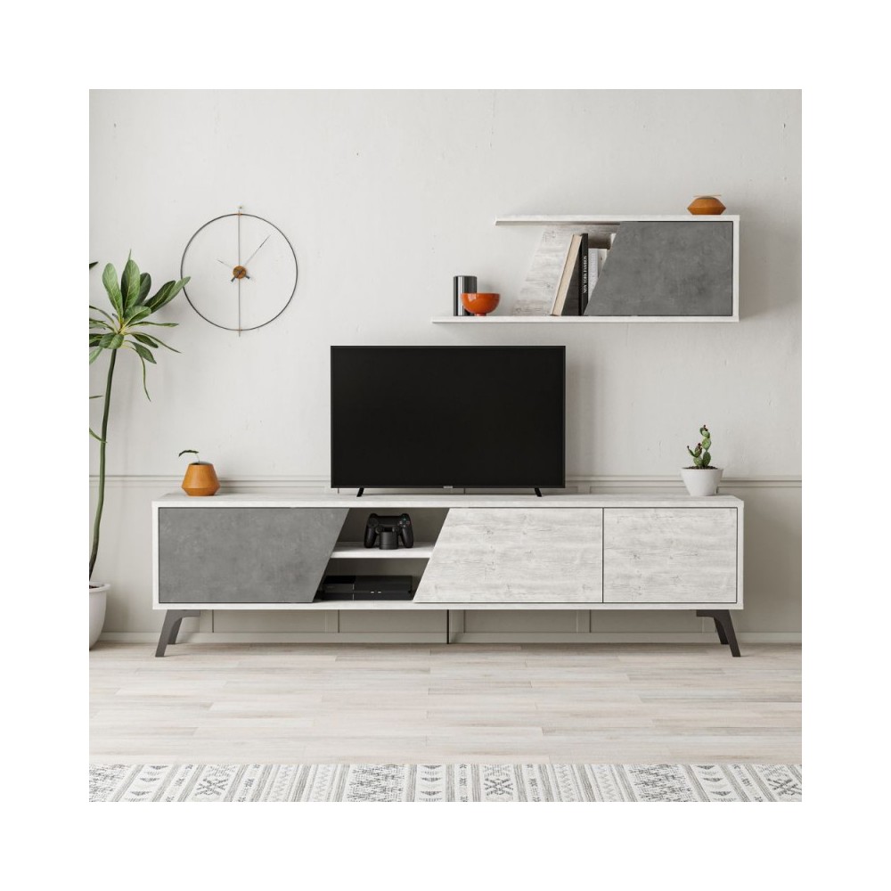 Mobile porta Tv Fiona 180X35,6X48 con mensola a parete colore bianco vintage cemento