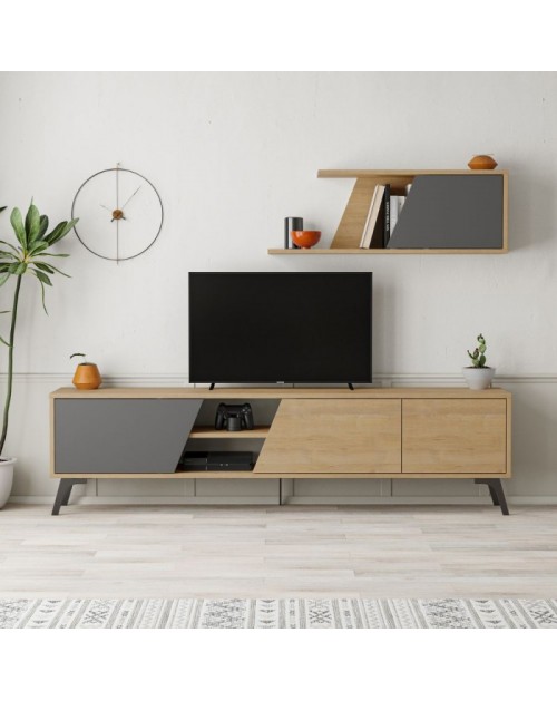 Mobile porta Tv Fiona 180X35,6X48 con mensola a parete colore rovere antracite