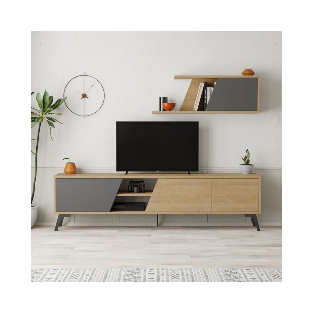 Mobile porta Tv Fiona 180X35,6X48 con mensola a parete colore rovere antracite