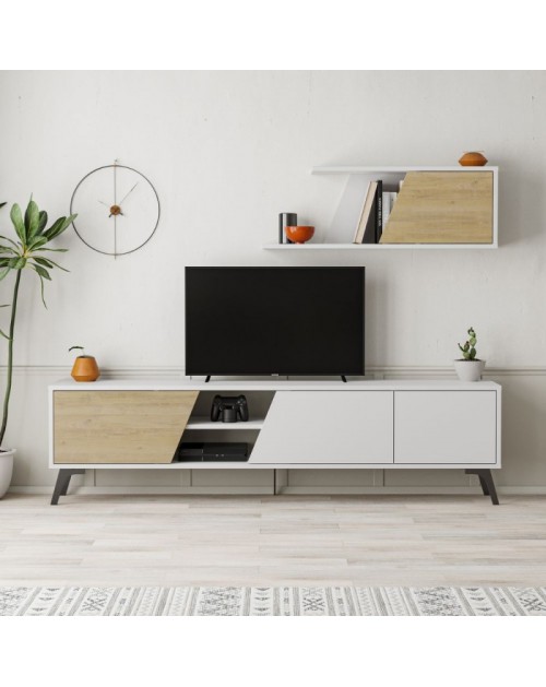 Mobile porta Tv Fiona 180X35,6X48 con mensola a parete colore bianco rovere