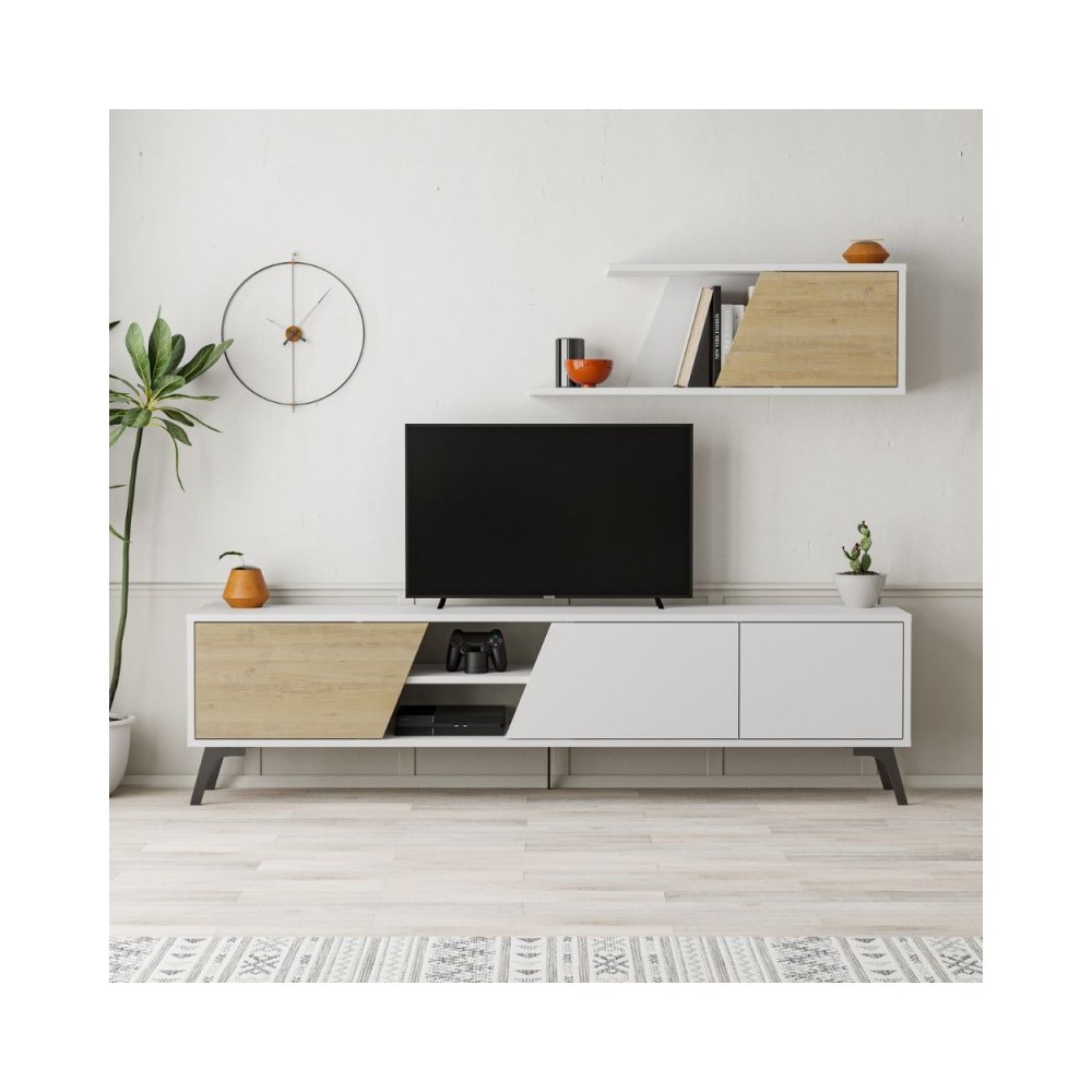 Mobile porta Tv Fiona 180X35,6X48 con mensola a parete colore bianco rovere
