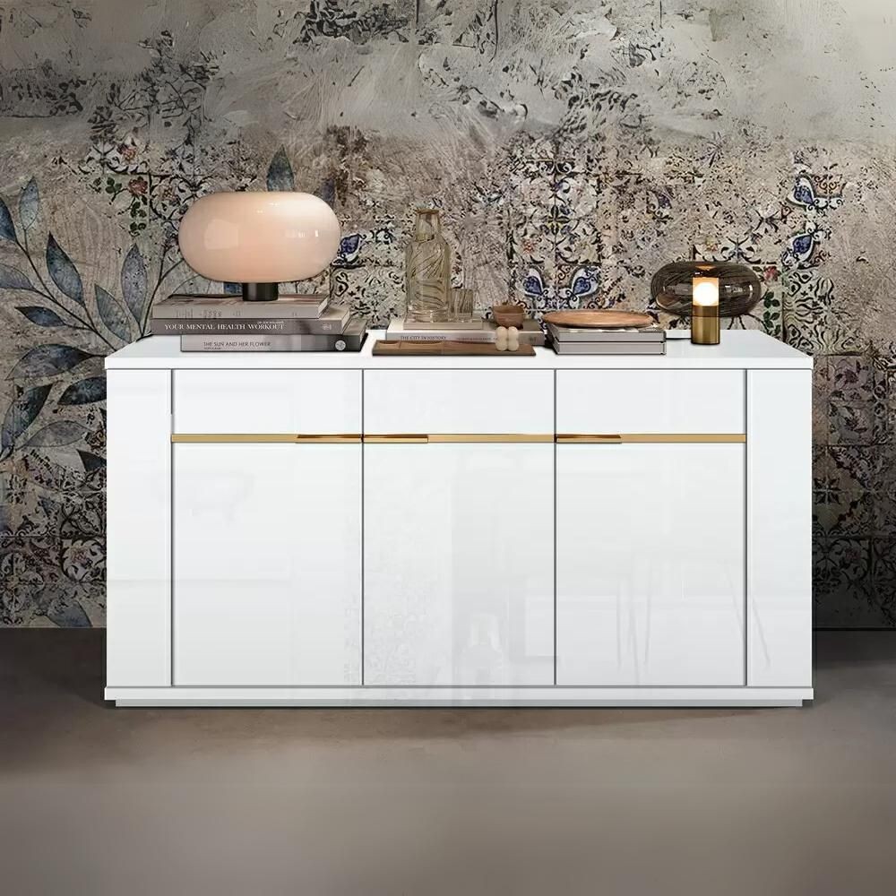 Madia 3 ante bianco lucido laccato con particolari oro Alce 165x49x83h