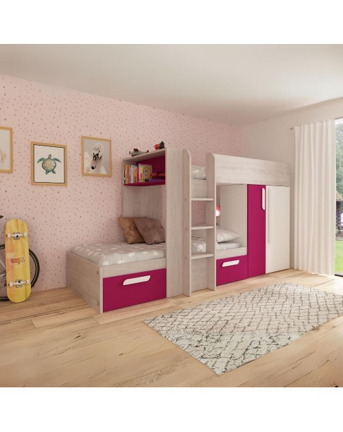 Letto a castello bianco consumato fucsia con armadio e cassetti 1298