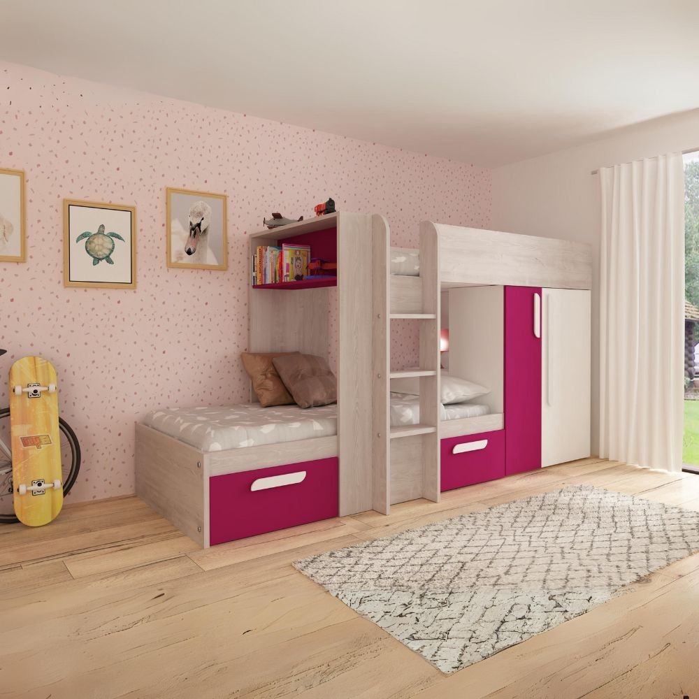 Letto a castello bianco consumato fucsia con armadio e cassetti 1298