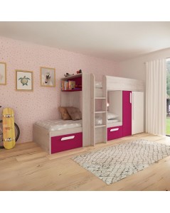 Letto a castello bianco consumato fucsia con armadio e cassetti 1298