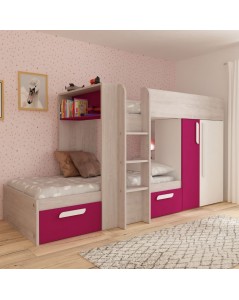 Letto a castello bianco consumato fucsia con armadio e cassetti 1298