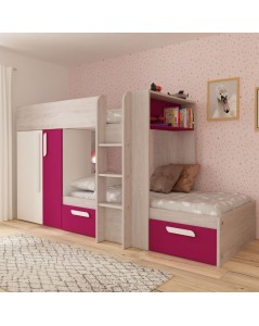 Letto a castello bianco consumato fucsia con armadio e cassetti 1298