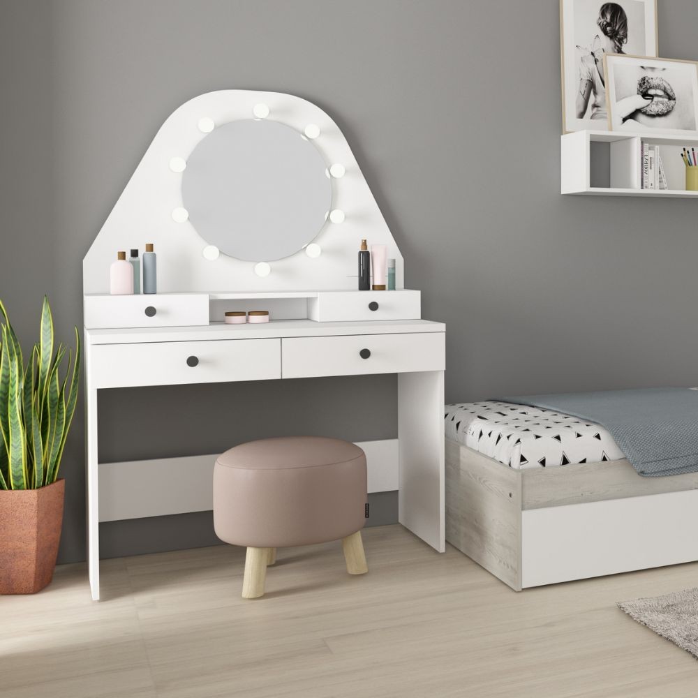Aga Tavolo da toeletta con specchio e illuminazione + sgabello Bianco Opaco