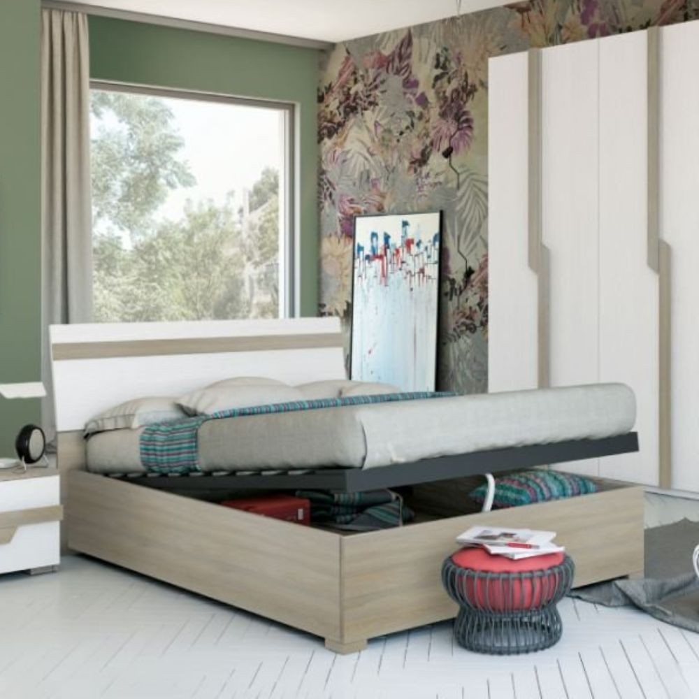 Letto matrimoniale in legno contenitore Loriana colore grigio e bianco frassino