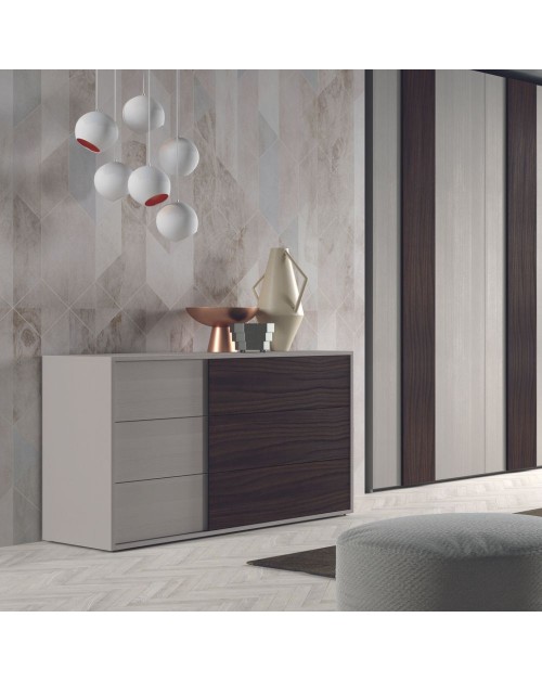 Comò 3 cassetti Cecilia colore grigio e noce scuro