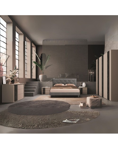 Camera da letto canapa frassinato e dettagli marmo nero Moni