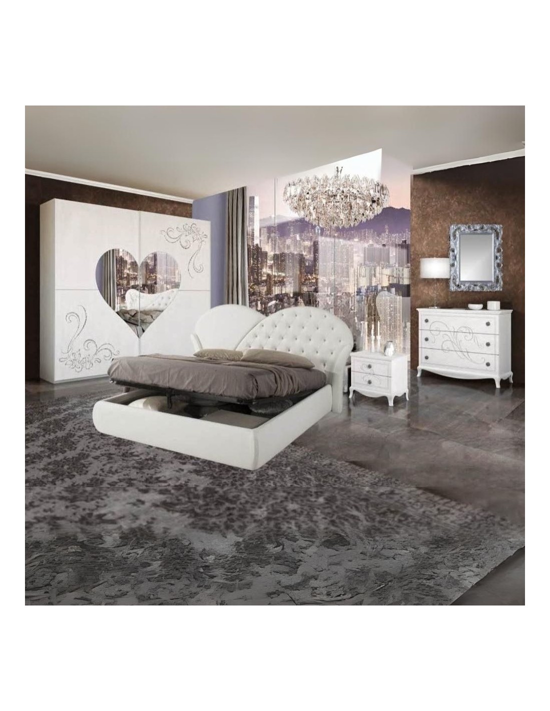 Camera da letto bianco frassino Marina specchio a cuore e serigrafie glitter argento